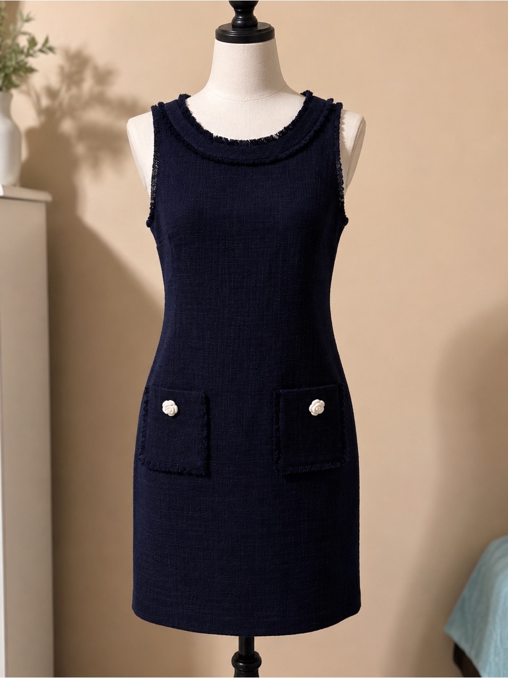 Karl Lagerfeld Navy Sleeveless Tweed Shift Dress with Pocket Roses